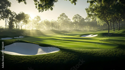 Serene golf course at dawn with lush greens and sand traps.