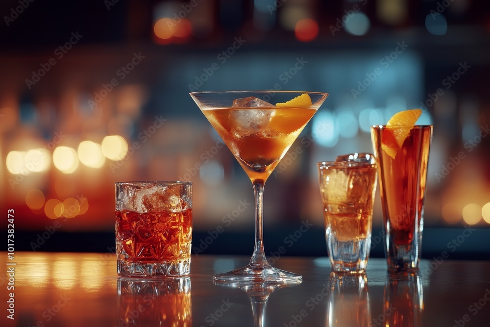 Four alcoholic cocktails with ice cubes in a bar setting. Four alcoholic cocktails with ice cubes in a bar setting.
