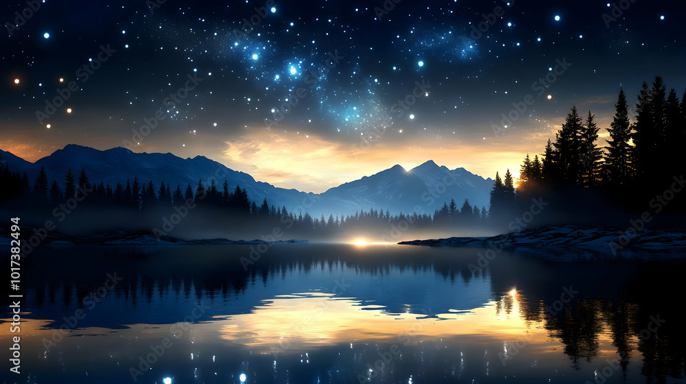 Serene night landscape with stars reflecting on a calm lake. Serene night landscape with stars reflecting on a calm lake.