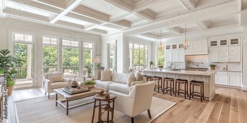 Modern living room with white walls, coffered ceilings, and a kitchen in the background. photo