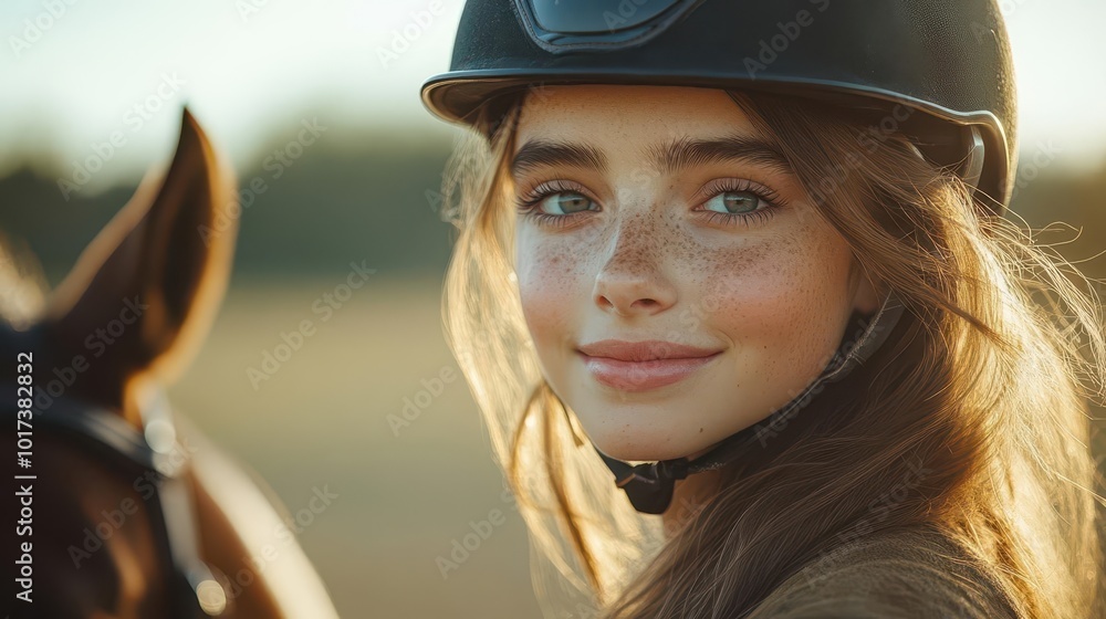 joyful girl riding a horse during an equitation lesson looking confidently at the camera wearing a helmet surrounded by a serene outdoor environment showcasing her love for riding joyful girl riding a horse during an equitation lesson looking confidently at the camera wearing a helmet surrounded by a serene outdoor environment showcasing her love for riding