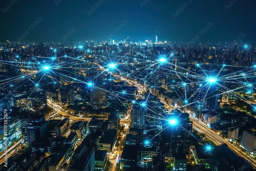 Nighttime aerial view of a city with illuminated buildings and glowing network connections Nighttime aerial view of a city with illuminated buildings and glowing network connections