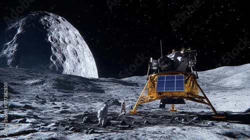 A landing sequence of a reusable spacecraft on the moon, where astronauts exit the craft to set up a temporary base, with solar panels and mining equipment nearby.