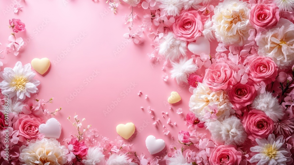 Fototapeta premium pink and white flowers and hearts on a pink background