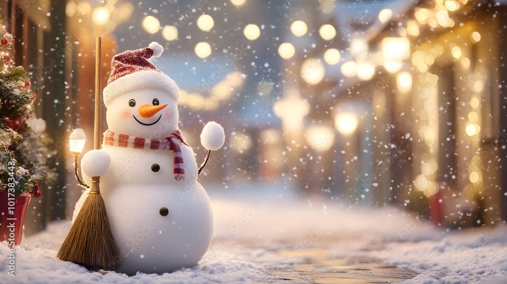 Festive Snowman Holding a Broom and a Snowball in a Snowy Street Festive Snowman Holding a Broom and a Snowball in a Snowy Street