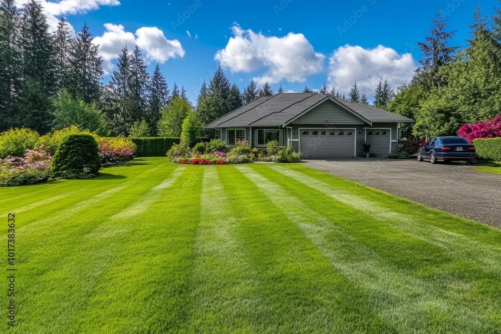 A green lawn with striped patterns leading up to a gray house with a garage door and a car parked in the driveway. A green lawn with striped patterns leading up to a gray house with a garage door and a car parked in the driveway.