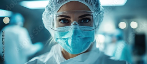 Close-up portrait of a female doctor wearing protective gear in a laboratory. photo