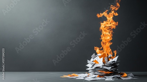 Burning pile of old notes and documents, with smoke rising into the air, symbolizing the removal of the past, fire and smoke photo