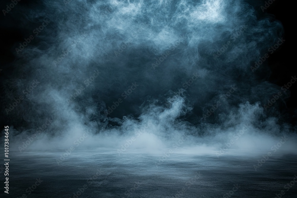 Fototapeta premium Blue smoke rising from a dark, wet floor.