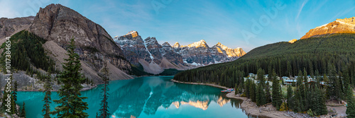 Incredible sunrise scenes at Moraine Lake, Banff National Park during fall, autumn with stunning, popular tourism spot in the Canadian Rockies. 