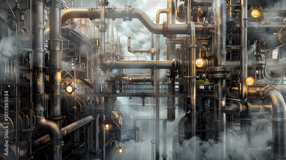 A vast network of intricate metal pipes, valves, and gauges, weaving through a refinery as they carry crude oil through different refining stages, with subtle steam and vapor rising A vast network of intricate metal pipes, valves, and gauges, weaving through a refinery as they carry crude oil through different refining stages, with subtle steam and vapor rising