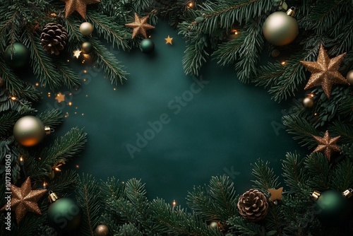 Green textured background with a green and gold Christmas decorations border