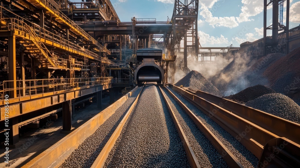 Obraz premium A modern iron pelletizing plant where raw iron ore is being transformed into small, uniform pellets for smelting, with furnaces and cooling systems operating simultaneously.