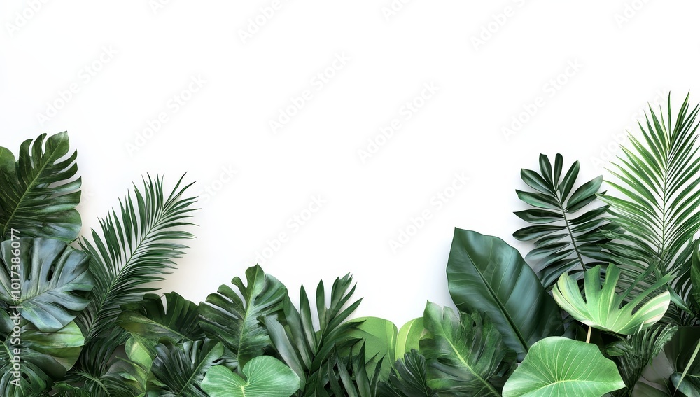 Lush green tropical leaves arranged on a white background, creating a border with copy space in the center. Lush green tropical leaves arranged on a white background, creating a border with copy space in the center.