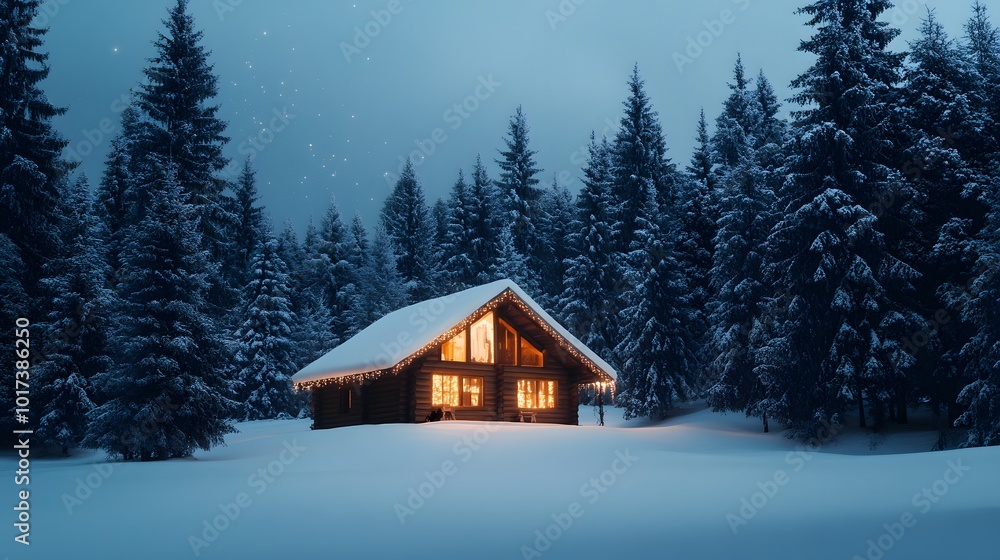 Cozy Cabin Illuminated in a Snowy Forest at Night Cozy Cabin Illuminated in a Snowy Forest at Night