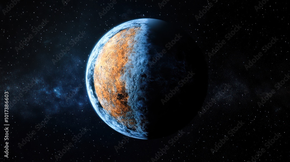 Fototapeta premium A panoramic view of a tidally locked planet from space, showing the stark division between its day and night sides, with atmospheric storms marking the transition zone between the two.