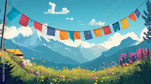 Buddhist prayer flags. Tibetan Prayer Flags. Illustration