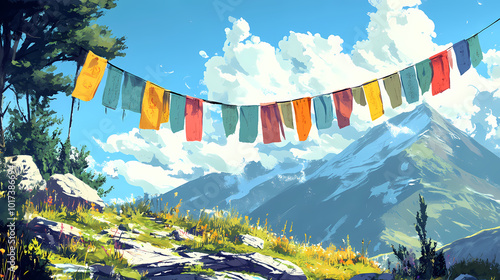 Buddhist prayer flags. Tibetan Prayer Flags. Illustration