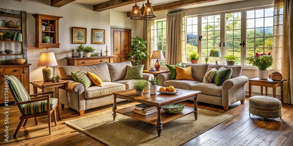 Obraz premium Arrange your living room furniture in a delightful village setting, allowing natural light to fill the space and charming decor to enhance its cozy ambiance.