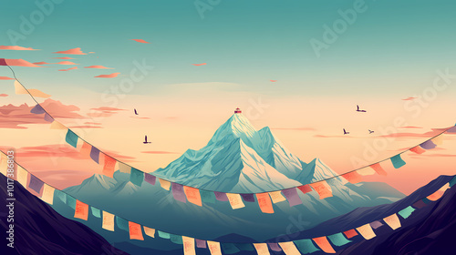 Buddhist prayer flags fluttering in the wind atop a mountain. Tibetan Prayer Flags. Illustration