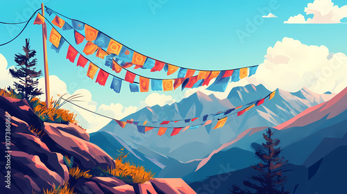 Buddhist prayer flags fluttering in the wind atop a mountain. Tibetan Prayer Flags. Illustration