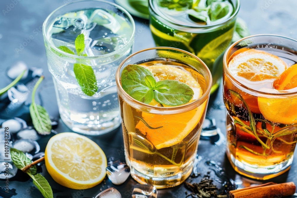 A row of five glasses of different colored drinks, including orange juice, generative ai image A row of five glasses of different colored drinks, including orange juice, generative ai image