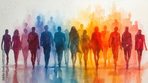 multicolored silhouettes of diverse people fill the canvas each figure blending harmoniously against a pure white background the watercolor technique infuses the scene with vibrancy and energy