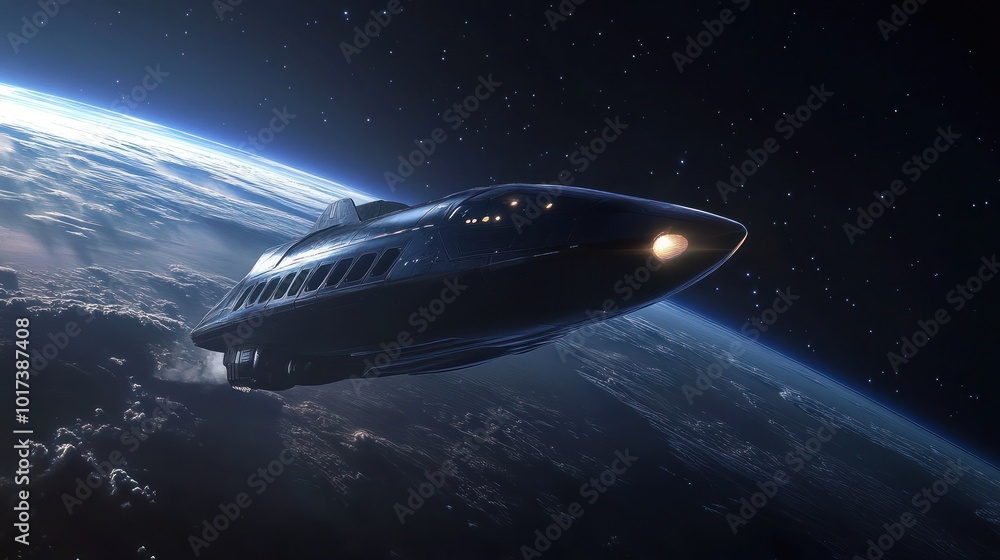 Obraz premium A reusable spacecraft landing smoothly back on Earth after a successful mission, with the sleek, futuristic design glowing as it re-enters the atmosphere.