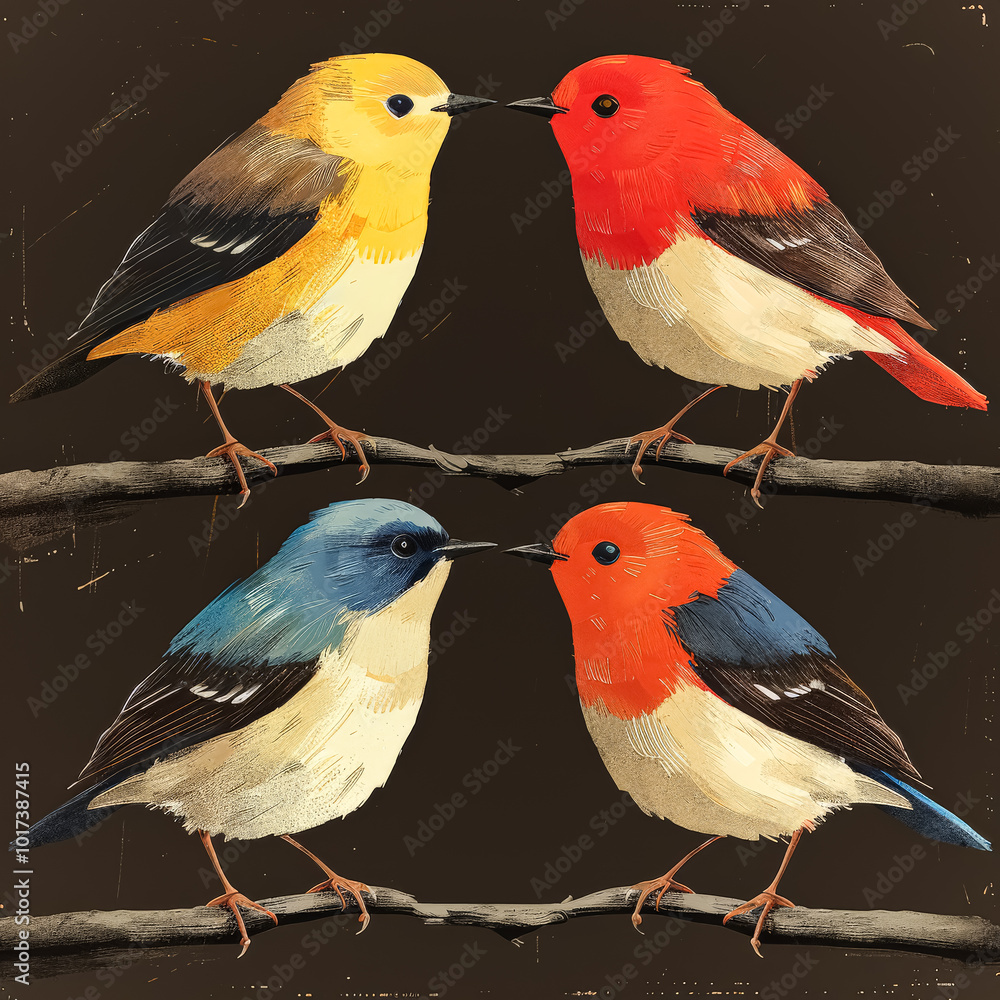 Fototapeta premium Four birds of different colors are sitting on a branch
