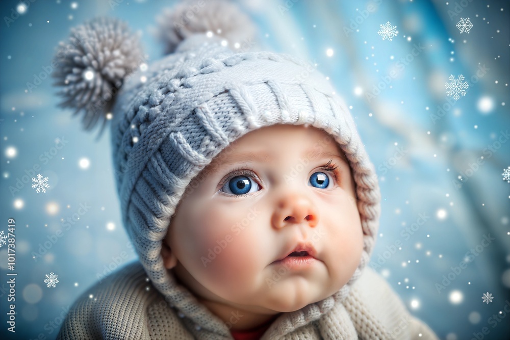 Baby in knitted hat watching snowflakes fall in winter scene Baby in knitted hat watching snowflakes fall in winter scene