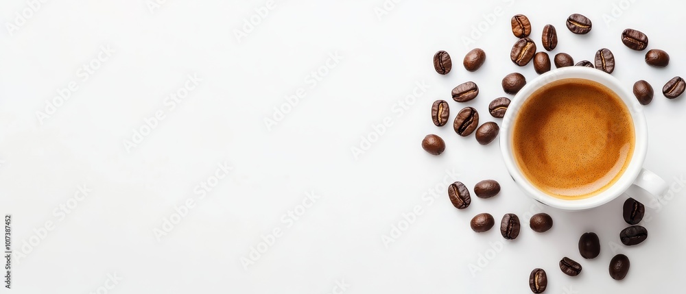 Fototapeta premium Top view of a cup of espresso coffee with scattered coffee beans on a white background.