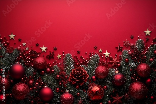 red christmas decorations on a solid red background