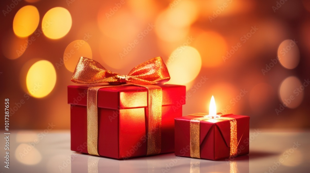 Red Gift Box with Golden Bow and a Lit Candle Red Gift Box with Golden Bow and a Lit Candle