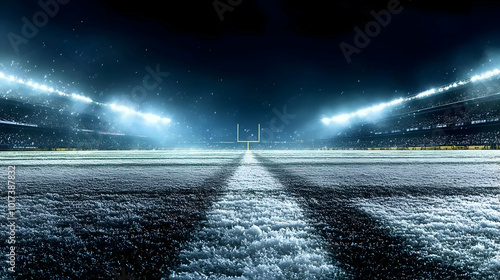 Snow-covered football field under stadium lights at night. photo