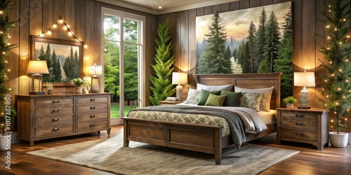 Alcott Hills presents elegant bedroom furniture with a Whispering Pines motif, perfect for creating a cozy, serene retreat and enhancing your tranquil home decor. photo