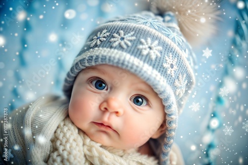 Baby with big blue eyes and sweet smile in snowy background