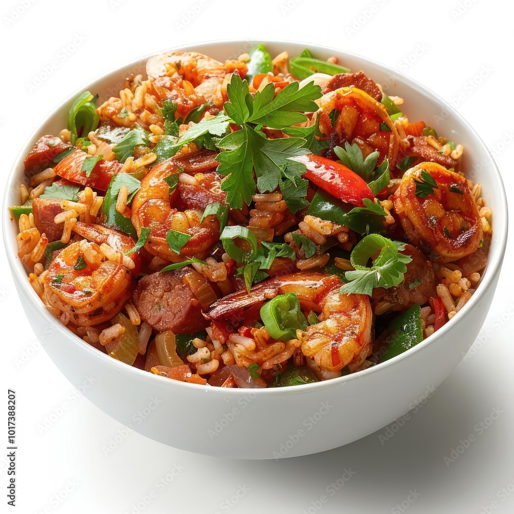 Fototapeta premium a white bowl filled with pasta and shrimp