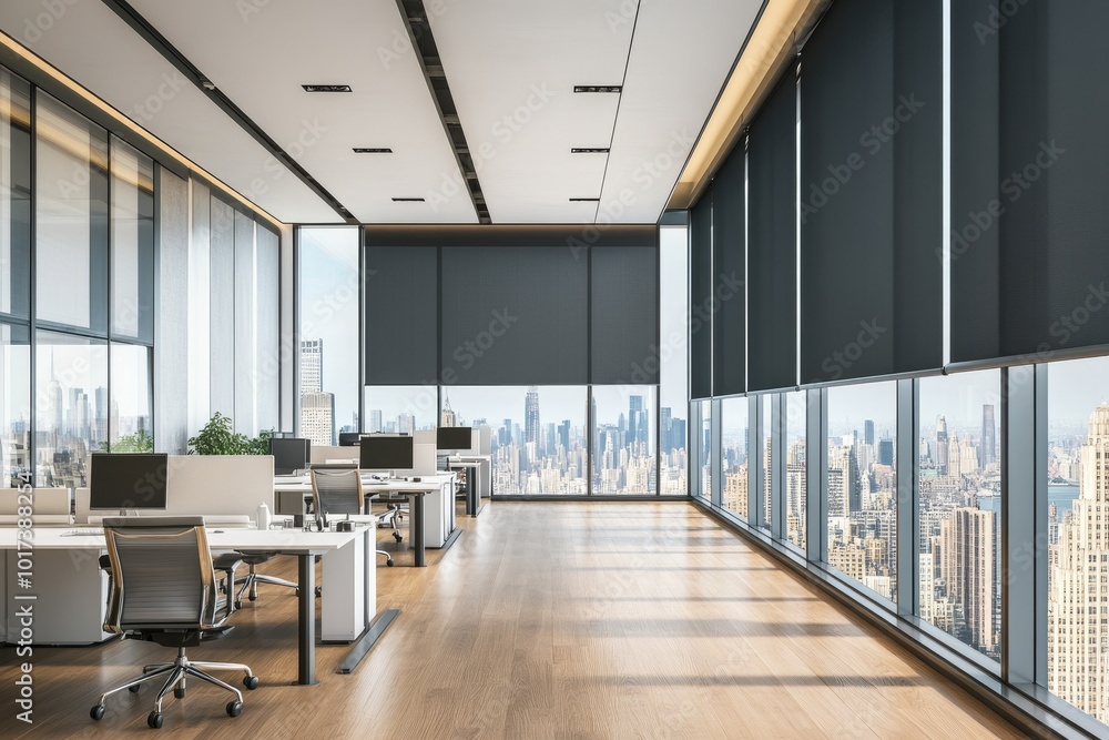 Modern office with panoramic city view and blinds. Modern office with panoramic city view and blinds.