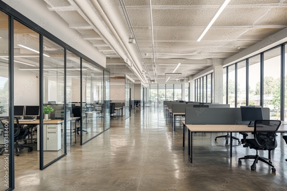 Modern open-plan office with glass walls, desks, black chairs, and computers on empty table, concrete floor, and well-lit ceiling fixtures. Modern open-plan office with glass walls, desks, black chairs, and computers on empty table, concrete floor, and well-lit ceiling fixtures.