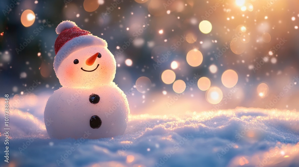 Obraz premium A Cheerful Snowman Stands in the Snowy Landscape, Warmly Glowing Under the Twinkling Winter Lights at Sunset