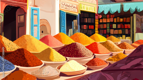 Colorful spices in a moroccan market. Moroccan Souk. Illustration
