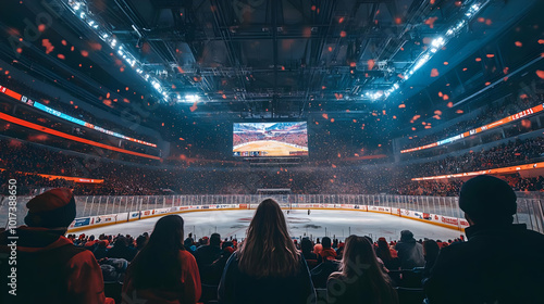 Spectators watching a hockey game in a packed arena.