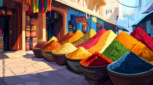 Colorful spices in a moroccan market. Moroccan Souk. Illustration