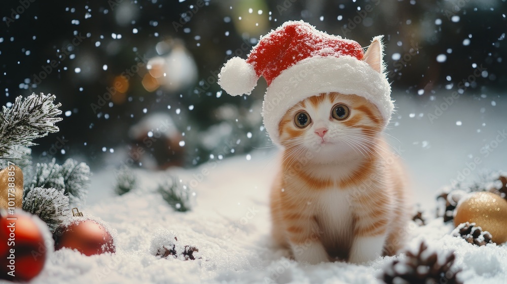 A Fluffy Orange Kitten Wearing a Santa Hat Playfully Explores the Snowy Landscape During the Festive Holiday Season A Fluffy Orange Kitten Wearing a Santa Hat Playfully Explores the Snowy Landscape During the Festive Holiday Season