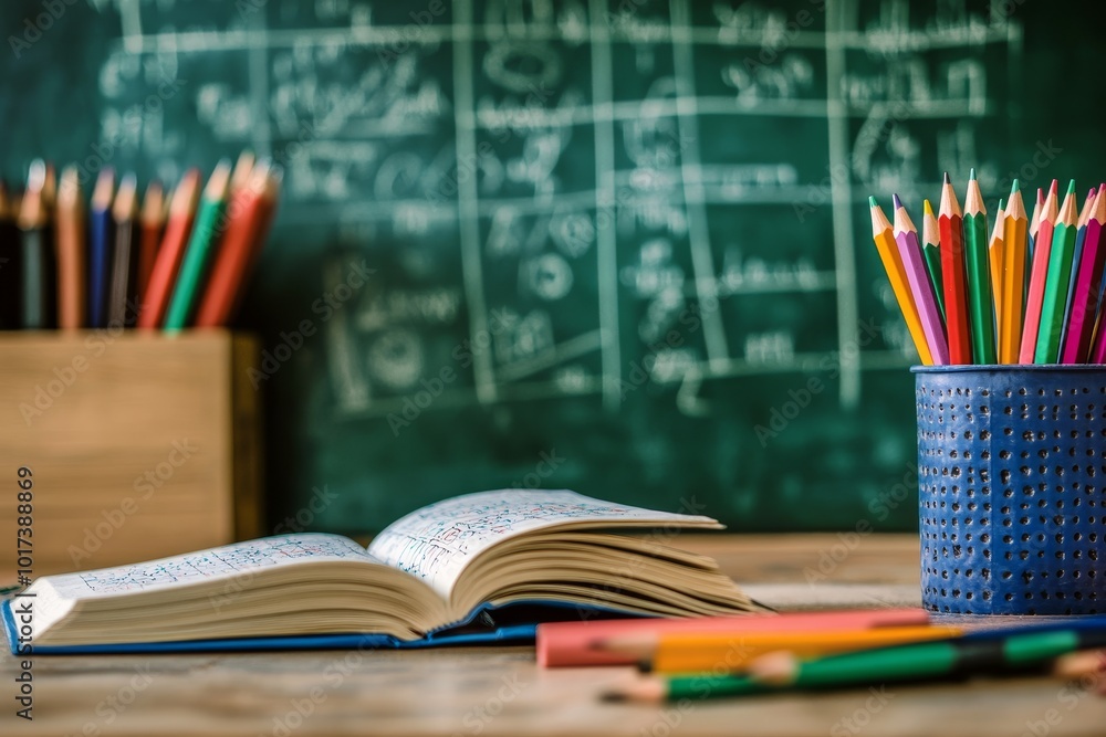 A close up of a book, pencils and a holder on a wooden table. A green chalkboard is in the background. A close up of a book, pencils and a holder on a wooden table. A green chalkboard is in the background.