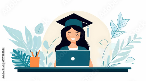 Student with graduation cap working on a laptop surrounded by plants.