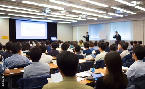 Wallpaper Mural Asian corporate training workshop with professionals in casual attire listening to speaker on stage, taking notes at desks, modern decor and relaxed atmosphere. Torontodigital.ca