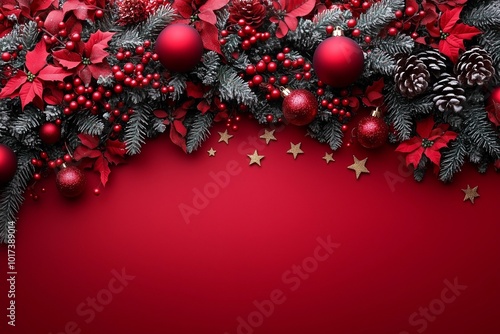 Christmas garland border with red Christmas ornaments and gold stars on solid red background