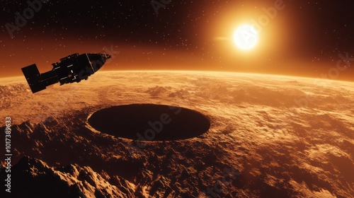 A spacecraft hovers above a planet during a solar eclipse, where the dark shadow of the Moon blocks the Sun, casting long shadows on the surface of the planet. photo