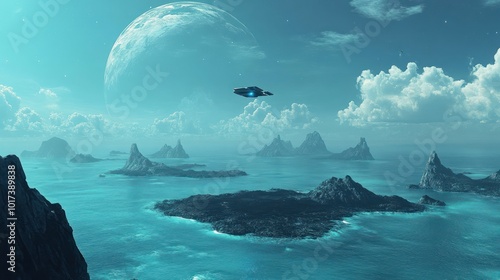 A spacecraft hovering above a waterworld planet, where the only visible land is a series of small, rocky islands, with the vast ocean stretching as far as the eye can see. photo